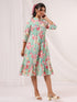 Janasya Women's Mint Green Pure Cotton Floral Printed A-line Dress